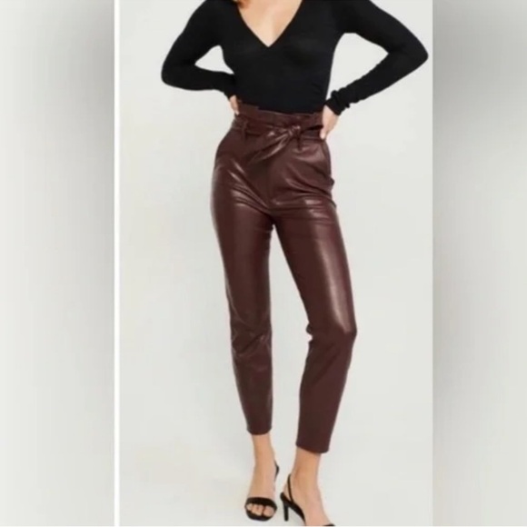 Abercrombie & Fitch Pants - Abercrombie and Fitch Maroon Dark Red Faux Leather Paper Bag Waist Pants